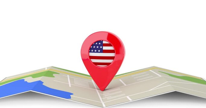 4k Resolution Video: United States of America Travel Concept. Cartoon Target Map Pointer Pin with USA Flag Rotating over Folded Abstract Navigation Map on a white background with Alpha Matte