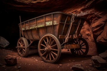 Obraz premium illustration,an old rusty wagon in an underground mine,generative ai