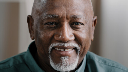 Male headshot at home calm elderly senior adult African 60s man friendly face sit indoors looking at camera. Old retired biracial businessman posing in office. Bald grandfather look close up portrait - Powered by Adobe