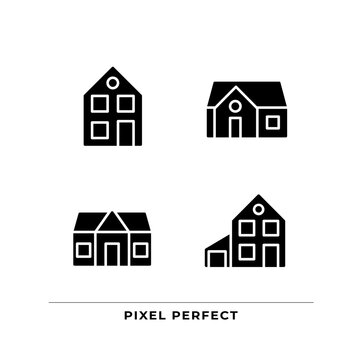 Single family houses black glyph icons set on white space. Affordable property. Two storey home. Real estate agency. Silhouette symbols. Solid pictogram pack. Vector isolated illustration