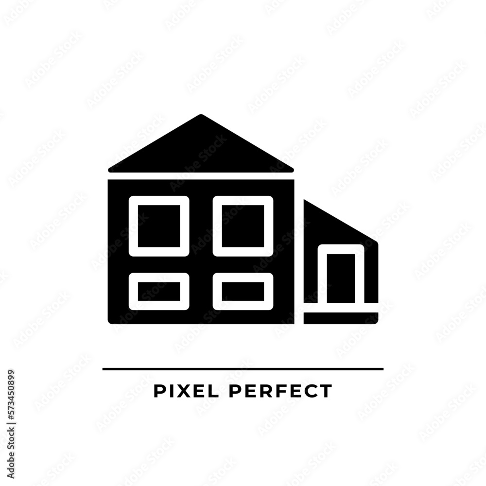 Sticker Split-level house black glyph icon. Bi-level home. Detached suburban building. Property buying. Real estate. Silhouette symbol on white space. Solid pictogram. Vector isolated illustration