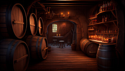 Alcohol barrel room interior with barrels, generative ai