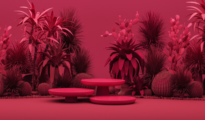 Obraz premium Viva magenta is a trend colour year 2023. Abstract 3D room with viva magenta color geometric pedestal podium and tropical trees. 3d render