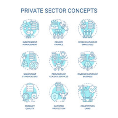 Private sector turquoise concept icons set. Business ownership. Economics industry idea thin line color illustrations. Isolated symbols. Editable stroke. Roboto-Medium, Myriad Pro-Bold fonts used