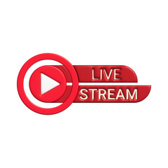 3d icon, sticker, button with text Live stream and play button in red color.