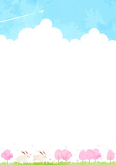 シンプルな手描きの兎と桜の春の風景イラスト
