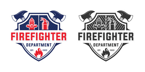Set of Firefighter department logo shield protection emblem vintage fire hydrant, extinguisher, axe and shield design, fire icon