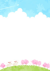 Obraz premium シンプルな手描きの兎と桜の風景イラスト