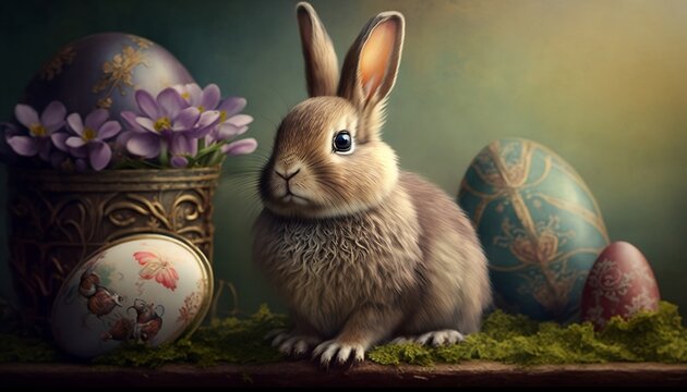 Sc&egrave;ne de paque avec un lapin et des oeufs, g&eacute;n&eacute;r&eacute; par IA