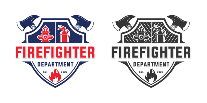 Set of Firefighter department logo shield protection emblem vintage fire hydrant, extinguisher, axe and shield design, fire icon