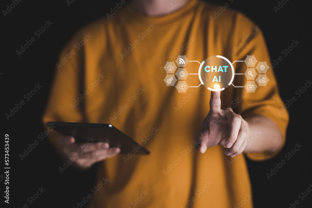 Poster ai (artificial intelligence), chatbot growing concept. businessman hand use tablet with analytics in