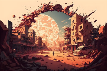 Abandoned city, red sun, dystopian - Generative AI