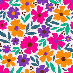 Fototapeta na wymiar Bright floral vector seamless pattern. Purple, orange, pink flowers, green leaves on a white background. For prints of fabrics, textile products, clothing.