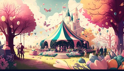 illustration of a city with trees, big castle and a park with people and a circus, in the style of dark teal and light pink, anglo gothic, celebration of rural life