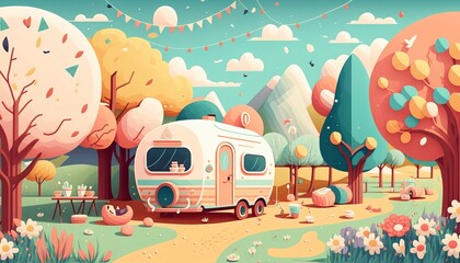 camper on a road with some flowers and trees, in the style of colorful animations, pastel palette, elaborate, storybook-like