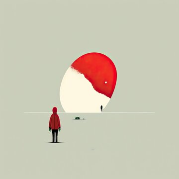 a kif standing in winter with a strange red and white gate, minimalist japanese illustration made by ai