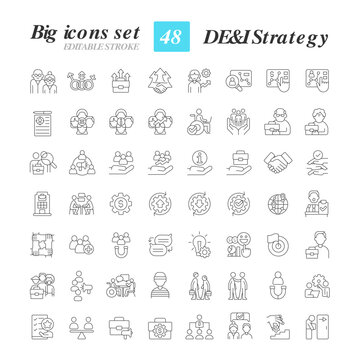 DEI strategy in workplace linear icons set. Encourage underrated groups to join company. Inclusive program. Customizable thin line symbols. Isolated vector outline illustrations. Editable stroke