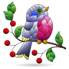 An illustration in the style of a stained glass window with bright cute bird on branches, animal isolated on a white background