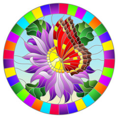 Illustration in stained glass style with a bright red butterfly on a purple flower, round image in a bright frame
