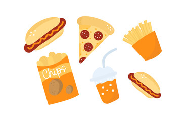 Fast food set illustration. Fries, chips, hotdog, pizza, cocktail cartoon style.