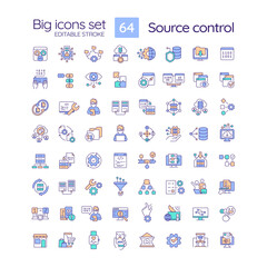 Source control RGB color icons set. Software development technology. Files changing tracking. SCM system. Isolated vector illustrations. Simple filled line drawings collection. Editable stroke