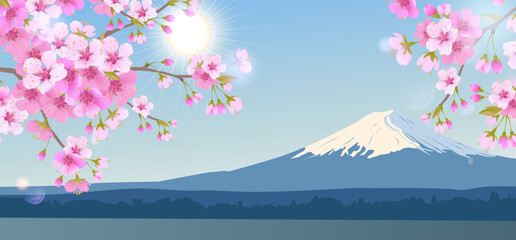 Bright morning landscape with blue sky. Branches of blooming white cherry trees on the background of Mount Fuji. Traditional Japanese Hanami Festival Cherry blossoms in early spring. Flat Illustration