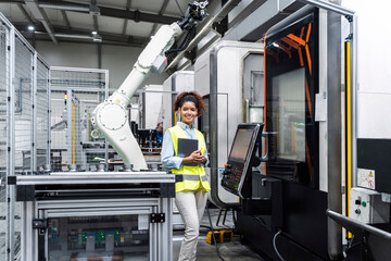 Smiling engineer standing with tablet computer by machine in factory