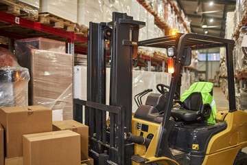 Forklift truck in warehouse interior with tall shelves, copy space