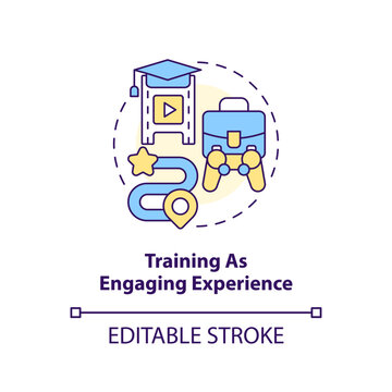 Training as engaging experience concept icon. Gamification in corporate education abstract idea thin line illustration. Isolated outline drawing. Editable stroke. Arial, Myriad Pro-Bold fonts used