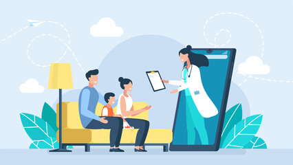 Social media template. Mobile App Family Doctor. Healthcare services. Family taking consultation with doctor therapist. Online medical doctor and man, woman and child patients. Vector illustration