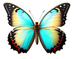 Very beautiful light blue yellow butterfly with spread wings isolated on a transparent background. - 573455441