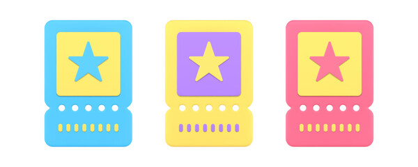 Access permission ticket admission coupon entertainment entrance cinema event 3d icon set vector