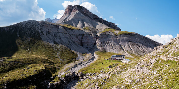 Rifugio Puez on sunny day at Dolomites, Italy