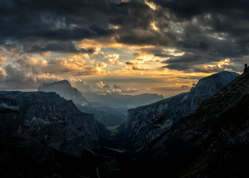 Vallunga Valley at sunrise, Dolomites, Italy