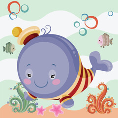 a cute big whale in a cap swims in the sea among the corals and is surrounded by fish, cartoon illustration, vector illustration,