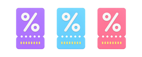 Sale shopping ticket discount percentage voucher retail special offer coupon 3d icon set vector