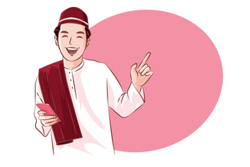 Muslim boy smiling happy while holding mobile phone and pointing to the free space side. Vector cartoon. viva magenta color trend.