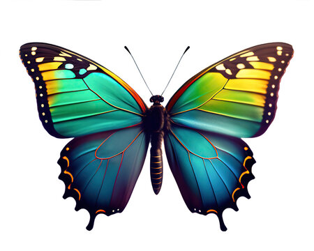 Very beautiful blue yellow green butterfly with spread wings isolated on a transparent background.