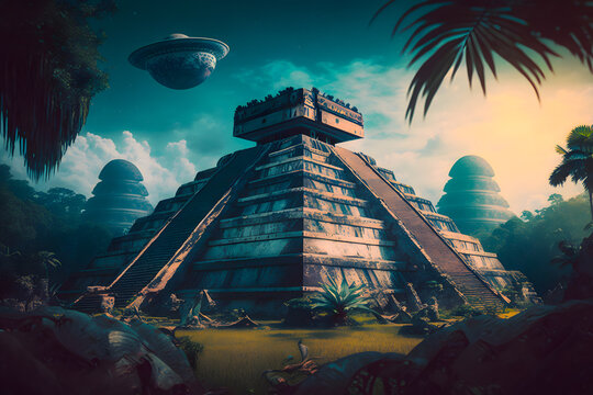 Mayan pyramid of Kukulcan jungle forest legends about aliens visiting extraterrestrial ufo civilizations. Generative AI