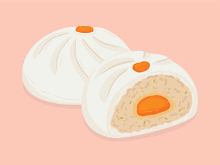 Steamed pork and salted egg yolk bun, Dim sum or Salapao, Food hand drawn, vector illustration.