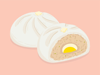 Steamed pork and egg bun, Dim sum or Salapao, Food hand drawn, vector illustration.