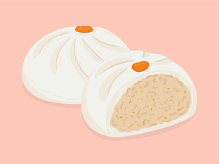 Steamed pork bun, Dim sum or Salapao, Food hand drawn, vector illustration.