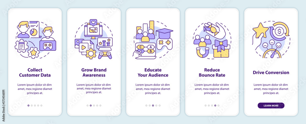 Poster digital marketing gamification pros onboarding mobile app screen. walkthrough 5 steps editable graph