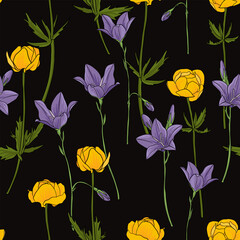 vector drawing seamless pattern with flowers at black background, yellow globeflowers and blue bells, hand drawn natural illustration