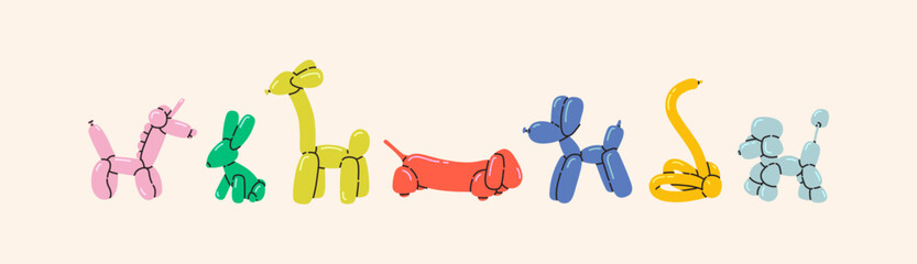 Balloon animals set in vibrant colors. Dog, unicorn, rabbit, giraffe, dachshund, poodle, swan toys. Kids birthday vector decoration concept. Twisting technique DIY tutorial. Clown stuff isolated items