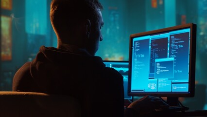 Computer Hacker in Hoodie. Obscured Dark Face. Concept of Hacker Attack, Virus Infected Software, Dark Web and Cyber Security.