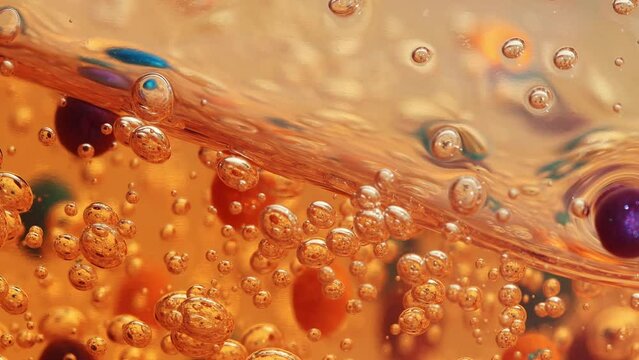 Orange gel, face whey with bubbles and colored particles slowly shimmering in a transparent content, beauty.