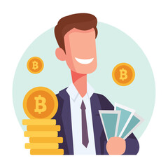 Happy rich investor with money flat vector concept