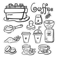 Set of Coffee shop icons, hand drawn, vector illustration.