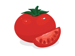 Tomato with slices, vegetables and fruits hand drawn, vector illustration.